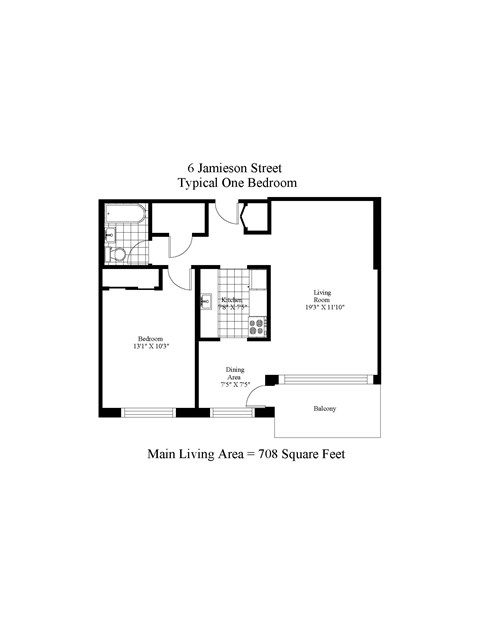 Floor plan for 1 bed, 1 bath, 708 sqft